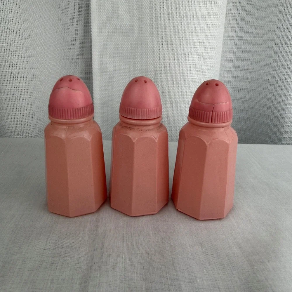 Vintage Pink Plastic Salt and Pepper Shakers Set of 3 Octagonal Retro Kitchen